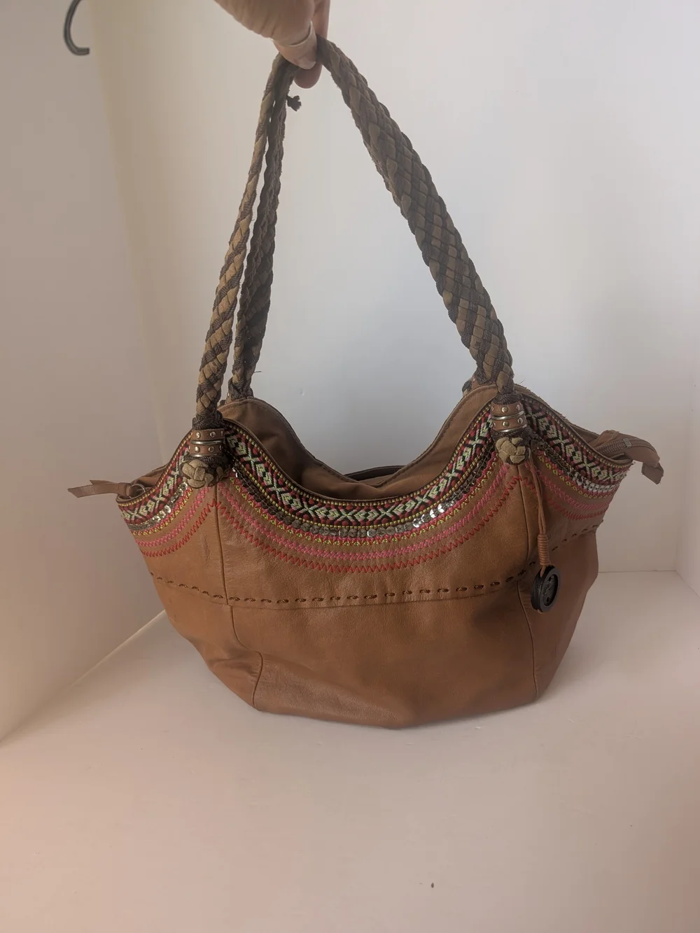 The Sak Tan Leather Embroidered Boho Hobo Bag